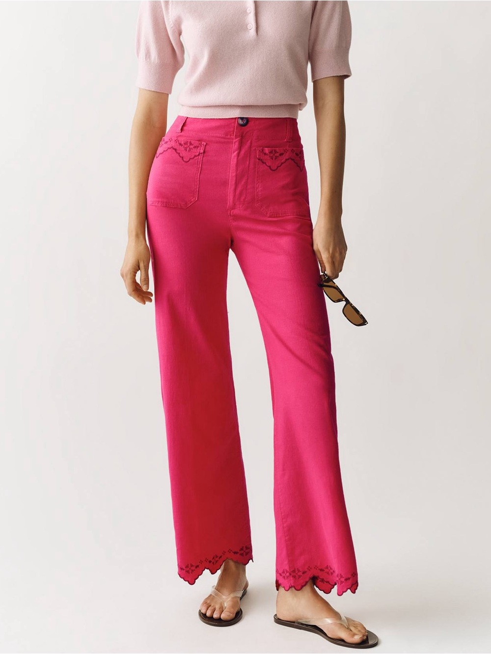 Maeve Hot Pink Wide-Leg Pants with Scalloped Hem
